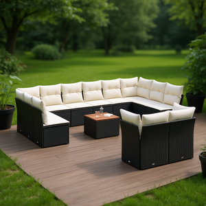 Set Divano da Giardino in Rattan Nero con Cuscini Crema, Arredamento da Esterno dal Design Contemporaneo, Impermeabile e Resistente ai Raggi UV in Rattan PE - Product Image 2