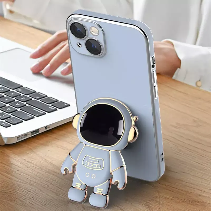 Newest Popular Luxury Phone Case for iPhone 14 Astronaut Phone Holder Stand Case,6D Electroplated Silicone Astronaut Phone Case