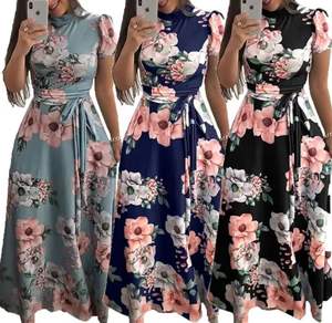 Robes longues d'été en mousseline à imprimé floral, impression numérique, manches longues, décontractées, col rond, taille haute, coupe ample, lavables pour femmes - Product Image 2