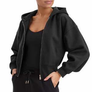 เสื้อฮู้ดผู้หญิงแขนยาวผ้าฟลีซสีเทาเข้มเสื้อครอปสตรีทแวร์เสื้อครอปแบบมีซิป - Product Image 2