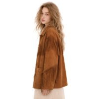 Veste Western Femme Personnalisée Effet Daim Marron avec Franges, Col Chemise, Boutons Cachés et Poches Plaquées – Vente en Gros OEM ODM