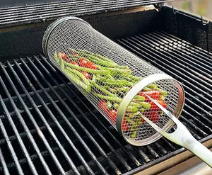 Stainless Steel Barbecue Wire Mesh Net Cylinder Rolling Grill Basket For Camping Picnic