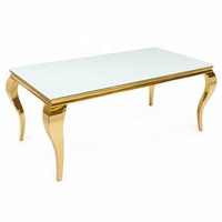 Nouvelle table de mariage en MDF/verre avec structure en acier inoxydable doré, table rectangulaire de banquet pour hôtel et événements