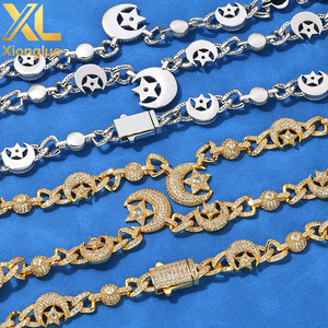Hip-Hop Custom Cz Charms Cuban Chain Jewelry 10mm 18k Gold Plated Bracelet Brass Iced Out Zircon Moon Star Bracelet for <b>Men</b> - Product Image 5