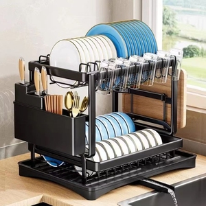 Égouttoir à vaisselle en métal à 2 niveaux pour cuisine, organisateur de tasses, bols et assiettes avec <span class=keywords><strong>support</strong></span> pour couteaux et planche à découper - Product Image 3