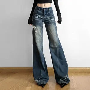 2023 Denim estilo rua XINGX bordado design calças retro lavado angustiado calças folgadas mulheres