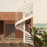 Escalier d'évacuation en spirale rotatif pour extérieur, structure en acier personnalisée, verre et fer forgé, pour villa et balcon