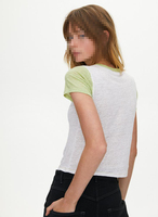 Kaus bayi Y2k grafis kustom kaus lengan Raglan blok warna wanita kaos rami ramah lingkungan crop wanita