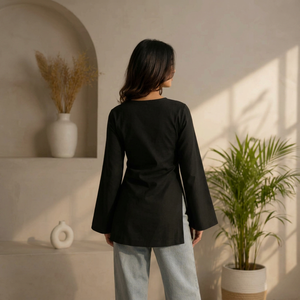 Kurti Corto Negro de Algodón con Cuello en V para Mujer, Manga Larga, Diseño Sólido Informal Étnico para Uso Diario - Product Image 1