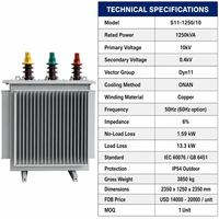 Transformateur de puissance immergé dans l'huile triphasé Wanbo-412 Wanbo S11 1250 kVA 10 kV 0,4 kV pour la distribution
