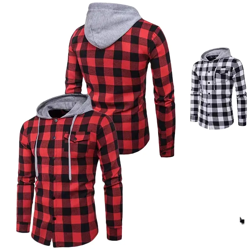 QS Custom 2022 Winter men's Plaid Blue White Red Black Plaid casual slim Hooded work outdoor vintage wash Jacket for men