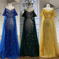 Robes de soirée sirène de luxe à bretelles spaghetti, ornées de perles, bleues/vertes/jaunes, avec manches cape, pour occasions formelles et soirées saoudiennes, collection 2025