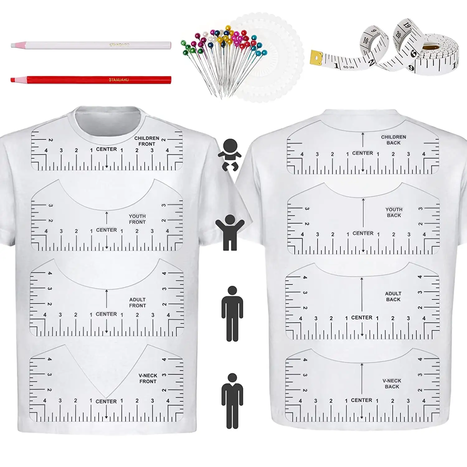 12Pcs Tshirt-Guia de Régua para Alinhamento de Vinil, PVC Transparente Governante para Crianças Jovens Adultos, Medição Da Frente e de Trás