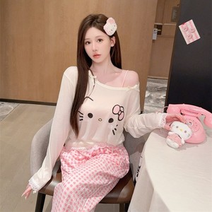 <span class=keywords><strong>Pigiama</strong></span> da donna primavera autunno rosa Plaid Set <span class=keywords><strong>stampa</strong></span> gatto a fascia tre pezzi Loungewear - Product Image 4
