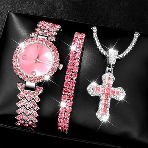 Montre décontractée à quartz pour femme, de haute qualité, <span class=keywords><strong>pas</strong></span> chère, avec cadran rond, strass et croix en diamant <span class=keywords><strong>argent</strong></span>é, ensemble de 3 pièces - Product Image 2