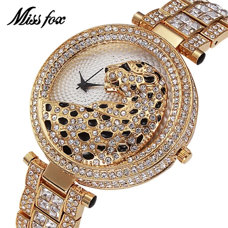 Miss Fox นาฬิกาผู้หญิง,นาฬิกาควอตซ์หรูหราประดับเพชรลายเสือดาวนาฬิกาสุภาพสตรีสีทองสำหรับผู้หญิง Reloj Mujer 2021