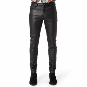 Pantalon taille haute en cuir de vachette décontracté pour hommes Pantalon d'équitation de vélo de haute qualité en gros en tissu peigné de couleur noire - Product Image 2