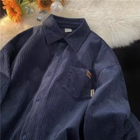 Kemeja Jaket Pria Bahan Corduroy Lengan Panjang, Model Longgar Oversize Warna Solid Kasual Kancing Depan Dengan Patch Kecil
