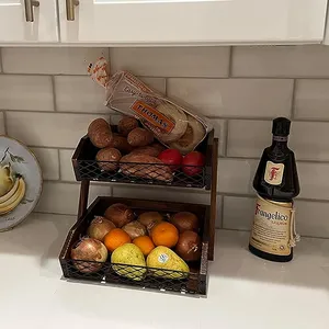 キッチン用フルーツバスケット2層フルーツボウルカウンターオーガナイザーパン野菜収納バスケットスタンド用木製フルーツホルダー