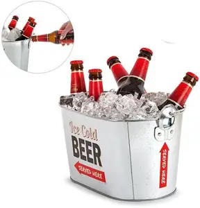 Factory Personalized High Quality Beer Beverage Ice Bucket Oval Galvanized Metal Tin Ice Bucket With Bottle Opener