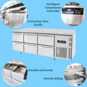 Réfrigérateur professionnel en acier inoxydable pour cuisine commerciale, 6 tiroirs, réfrigérateur sous comptoir avec système de refroidissement par ventilateur, système No-Frost - Product Image 5