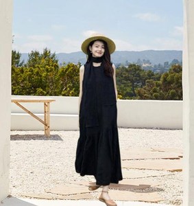 Vestido Maxi de Verano de Algodón y Lino, Sólido, Natural, Ecológico, de Manga Corta, Corte en A, Alta Calidad, Disponible al por Mayor - Product Image 1