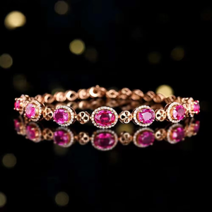 Pulsera de tenis de oro rosa de 18 quilates con zafiro rosa natural ovalado y halo de diamantes, joyería fina para mujer - Product Image 1