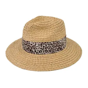 Sombrero de paja de Panamá informal personalizado barato de nueva oferta con cinta de estampado de leopardo sombrero de paja de papel transpirable