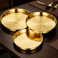 Plateau de service coréen FLEY en métal, finition miroir argenté/doré, en acier inoxydable, réutilisable pour le dîner et la présentation des aliments