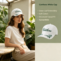 Casquette de baseball élégante en coton vert à motif floral et feuilles, avec broderie Canthera Script blanche, pour le style urbain quotidien, les sorties au jardin et les occasions décontractées