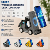 Stasiun Pengisian Daya Nirkabel 3 in 1 Desain Forklift 15W Pengisi Daya Cepat Jam Alarm Digital LED Lampu Ambient OEM ODM