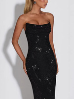 Robe de soirée longue élégante style européen et américain, coupe ajustée, asymétrique à une épaule, ornée de paillettes, couleur unie, taille naturelle, col rond, longueur cheville