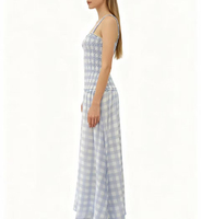 Robe midi trapèze tendance pour femme, décontractée, bleu clair et blanc à carreaux, bretelles spaghetti tressées, buste smocké en dentelle, pour le quotidien