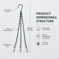 Chaînes de suspension robustes en métal noir de 40 cm à 3 points avec crochets en S pour mangeoires à oiseaux, lanternes et carillons éoliens