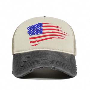 Fabricants Logo personnalisé Acceptable 5 Panneaux Chapeau 100% Casquettes de baseball en coton vieilli Casquettes de baseball avec impression de drapeau - Product Image 1