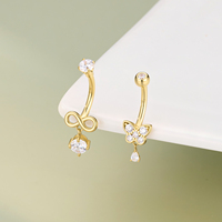 Anneau de nombril en or massif 14K 10K 9K, bijoux de piercing au nombril, avec pendentif papillon et infini en zircon cubique, barbell incurvé, vente en gros