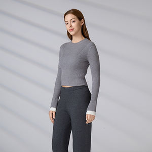 Suéter de punto acanalado personalizado para mujer, top corto informal ajustado, jersey de manga larga con cuello redondo para otoño e invierno - Product Image 6