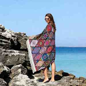 Serviette <span class=keywords><strong>de</strong></span> plage bohème en microfibre avec pompons, serviette <span class=keywords><strong>de</strong></span> <span class=keywords><strong>bain</strong></span> bohème sans sable à séchage rapide pour le yoga, la natation et les voyages d'été - Product Image 5