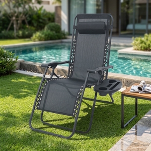 Chaise longue en maille réglable avec appui-tête et porte-gobelet, chaise inclinable pliable pour l'extérieur, jardin, bord de piscine, camping - Product Image 1