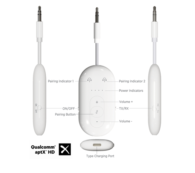 Qualcomm Chip APTX 2 in 1 Wireless Audio Receiver and Transmitter with PVC Jacket for Connecting 2 Phones and Headphones