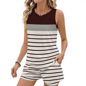 Women Striped Sleeveless Top Shorts Set O-Neck Halter Knitted Regular Fit Casual Spring Summer Wear Knee Breathable 2 Piece - Product Image 4