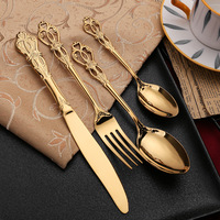 Royal Golden Medieval Vintage En Acier Inoxydable 24Pcs Couverts Ensemble Cuillère Fourchette Ensemble De Mariage Souvenir Pour Invité