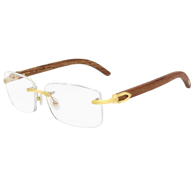 Shenzhen Wholesale Men's Business Eyeglasses Frames New Wood Optical Frame with Frameless Rimless and Wooden Temple Legs