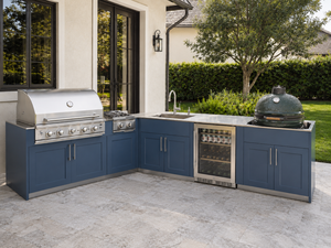 <span class=keywords><strong>Cocina</strong></span> Exterior <span class=keywords><strong>de</strong></span> Lujo en Forma <span class=keywords><strong>de</strong></span> L, Color Gris Oscuro, con Isla para Asados, Encimera <span class=keywords><strong>de</strong></span> Piedra <span class=keywords><strong>de</strong></span> 36 Pulgadas, Refrigerador y Fregadero - Product Image 2