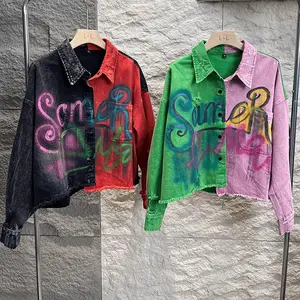 High quality graffiti denim jacket contrast color long sleeve cotton jean tops for women fashion streetwear chaquetas de mujer