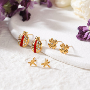 Stud <b>Earrings</b> Insect Ladybug Design Gold <b>Red</b> Crystal Stainless Steel Gift Jewelry - Product Image 4