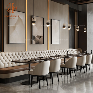 Ensemble <span class=keywords><strong>de</strong></span> meubles <span class=keywords><strong>de</strong></span> restaurant modernes Ron Group, banquettes en cuir capitonnées, chaise ergonomique en tissu, table carrée en bois - Product Image 5
