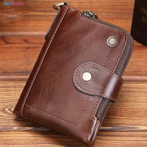 Genuine Leather Card Holder Trifold Wallet Snap Closure 2 ID Windows for men Multi Card W/snap Closure Genuine Oil Wax Leather