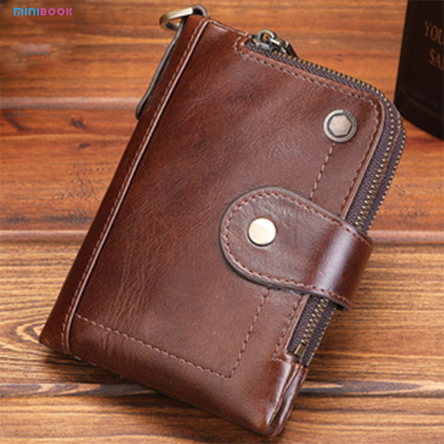 Genuine Leather Card Holder Trifold Wallet Snap Closure 2 ID Windows for Men Multi Card W/snap Closure Genuine Oil Wax Leather