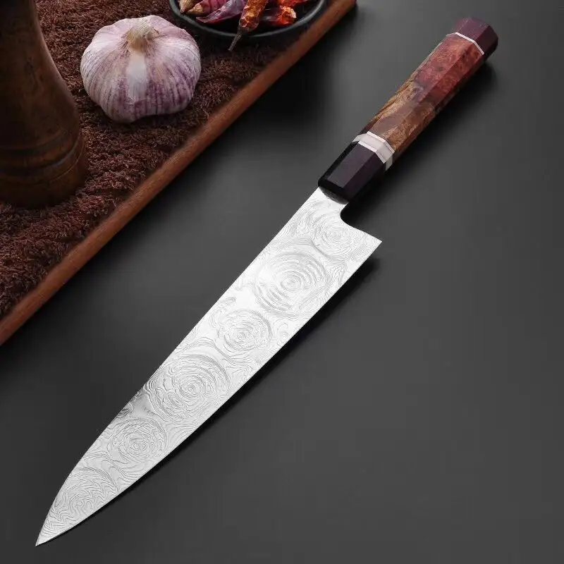 Cuchillo Gyuto de 240mm con madera estabilizada octogonal profesional hecho a mano de acero de Damasco de alto carbono cuchillo de Chef de cocina japonés